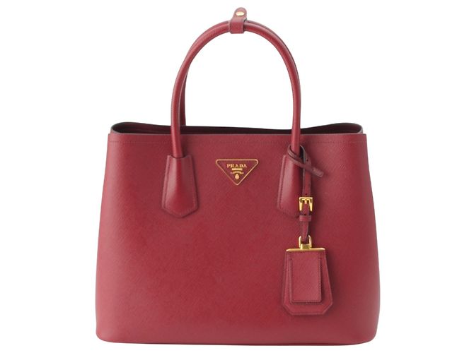 Prada Red Medium Saffiano Cuir Double Satchel Rouge Bordeaux