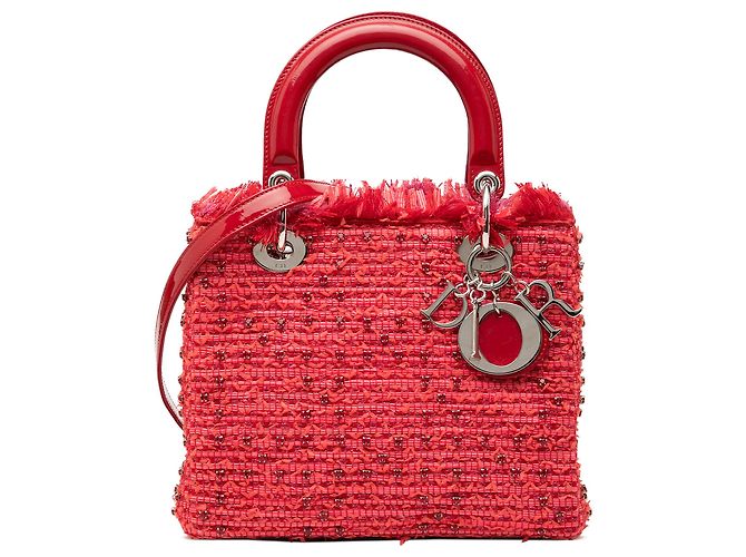 Lady Dior en tweed rouge taille Medium avec franges et strass