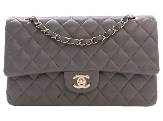 Chanel Gray Medium Classic Lambskin Double Flap Castaño Gris antracita