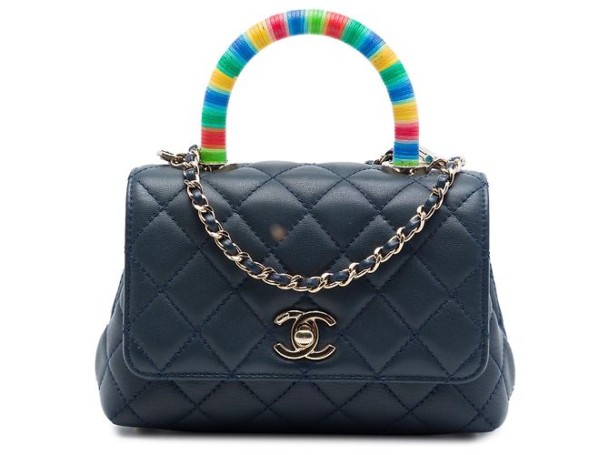 Chanel Blue Extra Mini gestepptes Lammleder Rainbow Coco Top Handle Tasche Blau Marineblau