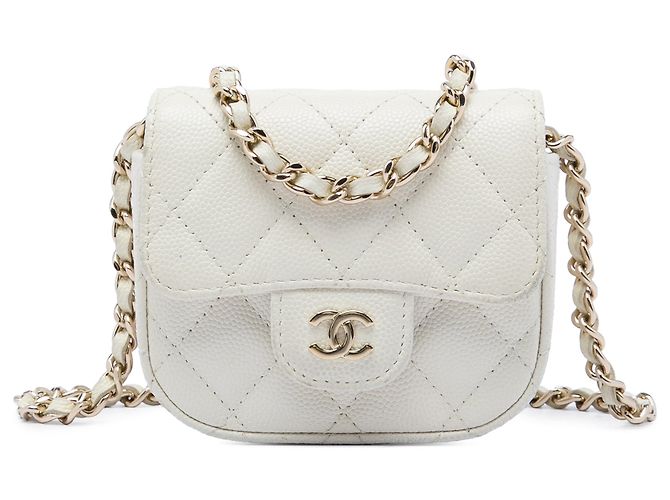 Clutch Chanel White Mini Quilted Caviar Com Corrente Branco