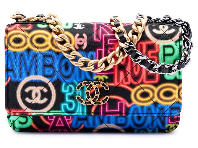 Chanel Black Printed Nylon Graffiti 19 Wallet on Chain