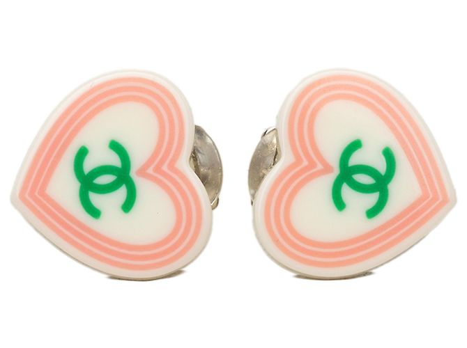 Chanel White CC Resin Heart Clip On Earrings Cream