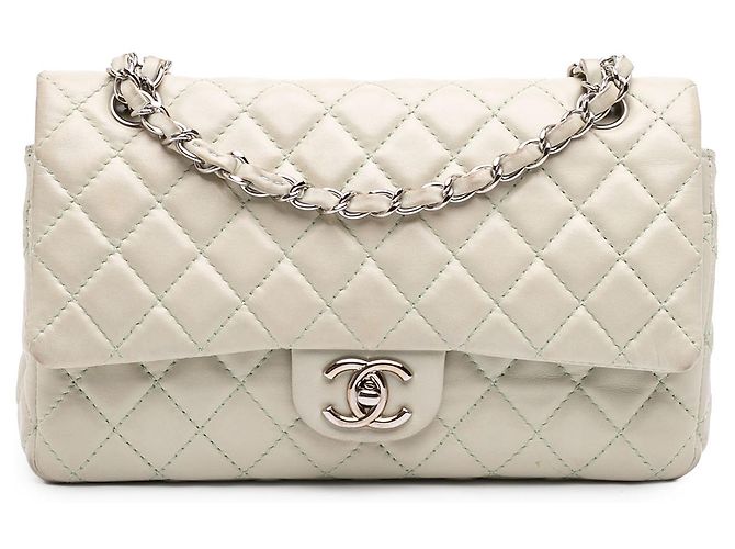 Chanel White Medium Classic Lambskin Double Flap Branco Fora de branco