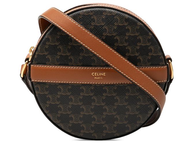 Céline Celine Brauner Triomphe beschichteter Canvas Rundbeutel mit Gurt Dunkelbraun