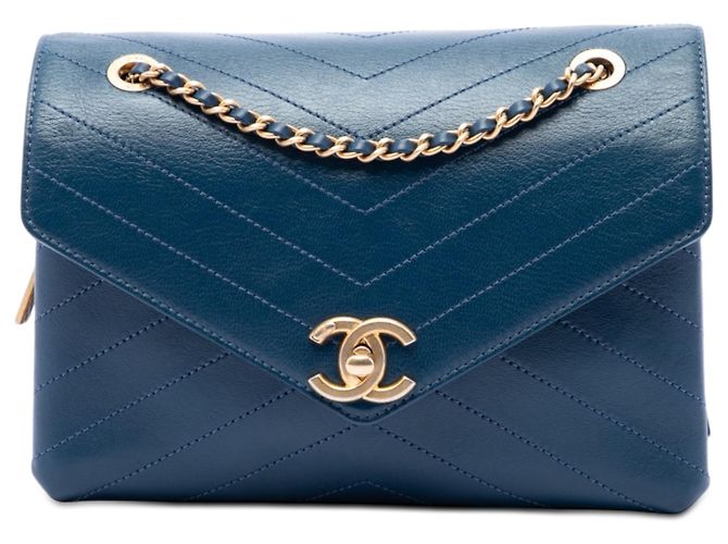 Chanel Blue Small Chevron Lambskin Stitched Envelope Flap Bleu Bleu Marine