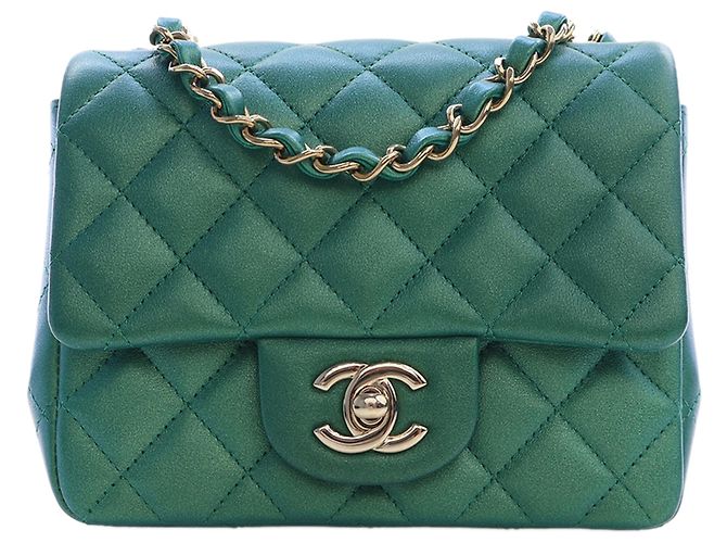 Chanel Green Mini Square Classic Iridescent Lambskin Single Flap Verde
