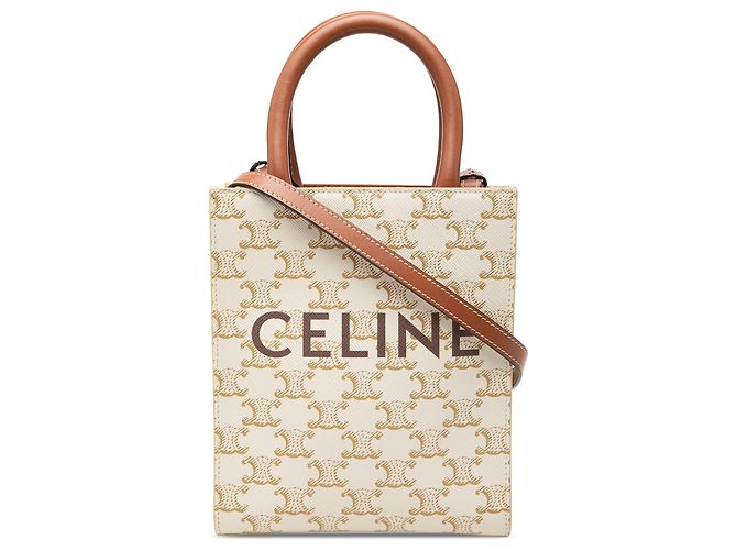 Céline Celine Cabas Vertical Mini Triomphe en Toile Enduite Blanc Écru