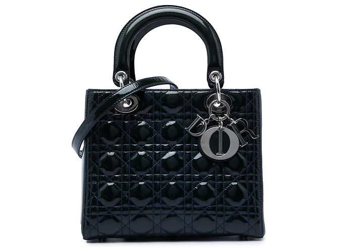 Lady Dior Cannage in vernice blu Medium Blu navy