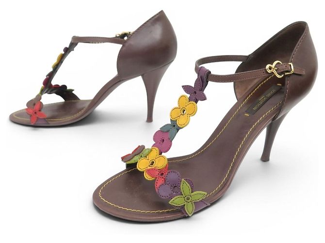 SANDALI LOUIS VUITTON AUBEPINE T-STRAP FLEURS MONOGRAM 38 Marrone