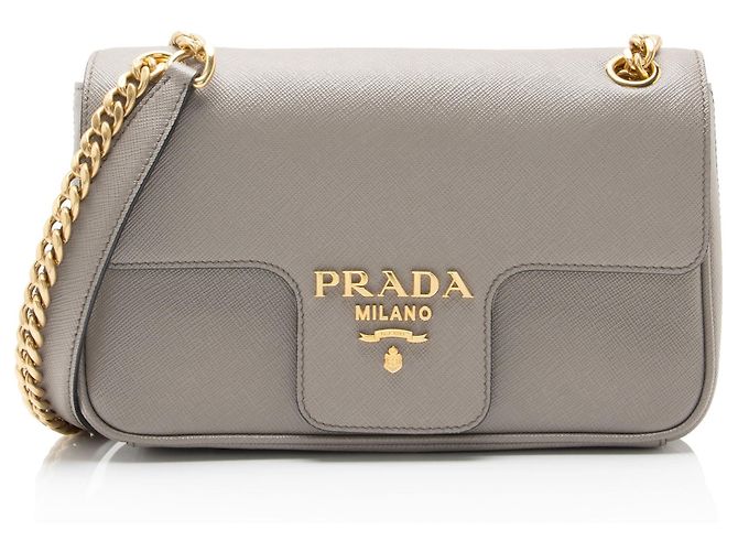 Bolsa de ombro com aba em Saffiano Prada Cinza