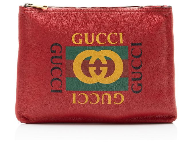 Pochette in pelle con logo Gucci e zip Rosso