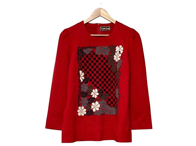 Autre Marque Strickpullover mit Blumenstickerei Toyoko Saito Rot