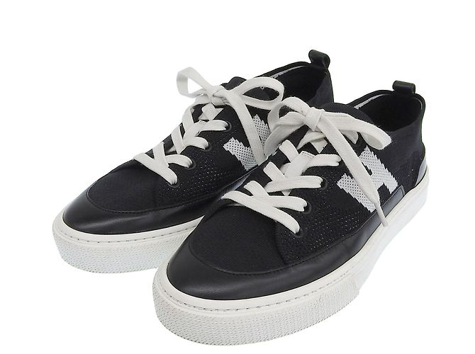 Hermès Baskets en maille de cuir Hermes Noir Blanc