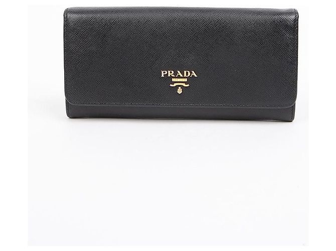 Prada Saffiano Leather Metal Logo Long Wallet Black