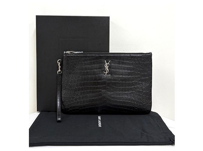 Saint Laurent Monogramm Clutch Bag Silber Krokodilmuster Schwarz