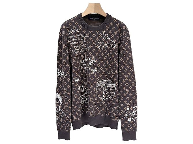 Louis Vuitton Monogram Embroidered Wool Crewneck Knit Sweater Brown