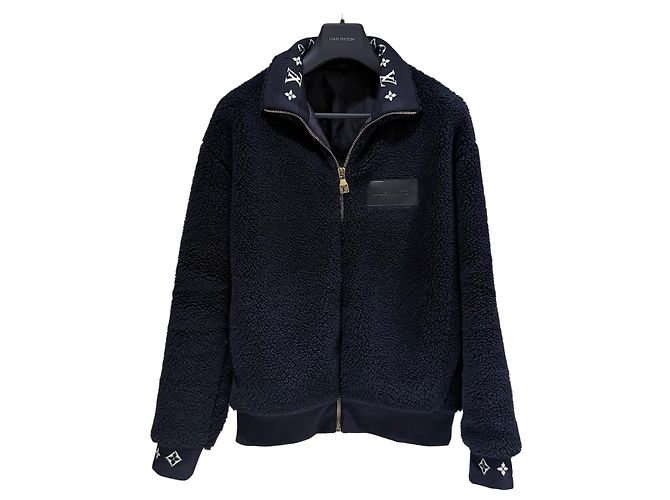 Louis Vuitton Giacca bomber in pile con patch in pelle Blu