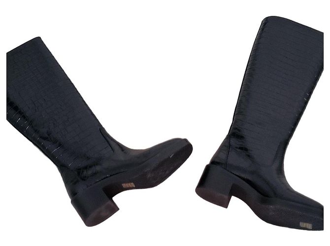 Stuart Weitzman black croc-effect leather high boots