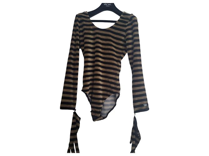 Sonia Rykiel Body in velluto a righe nero e kaki Cachi