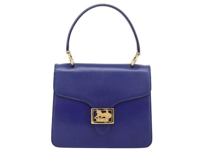 Céline Celine Vintage Carriage Top Handle Leather Medium Bleu