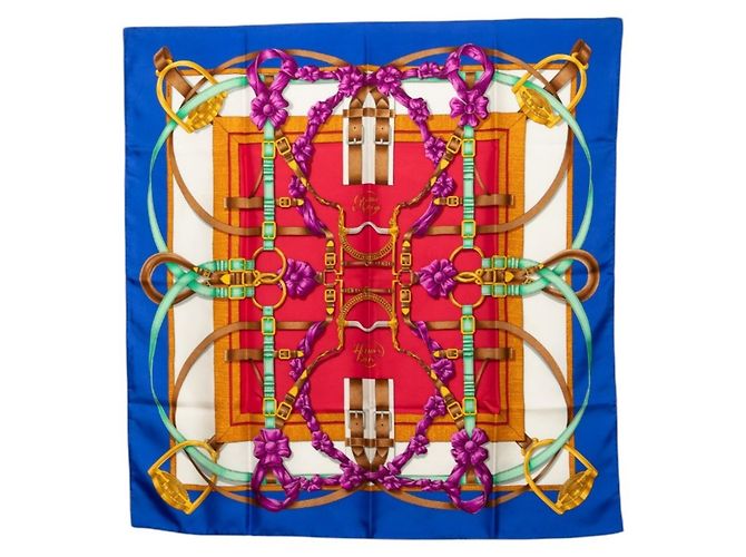 Lenço de seda Hermès Carre 90 GRAND MANEGE Branco Vermelho Azul