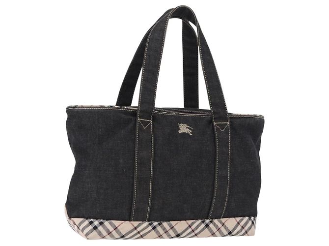 BURBERRY Nova Check Handtasche Denim Schwarz Silber Auth bs36454