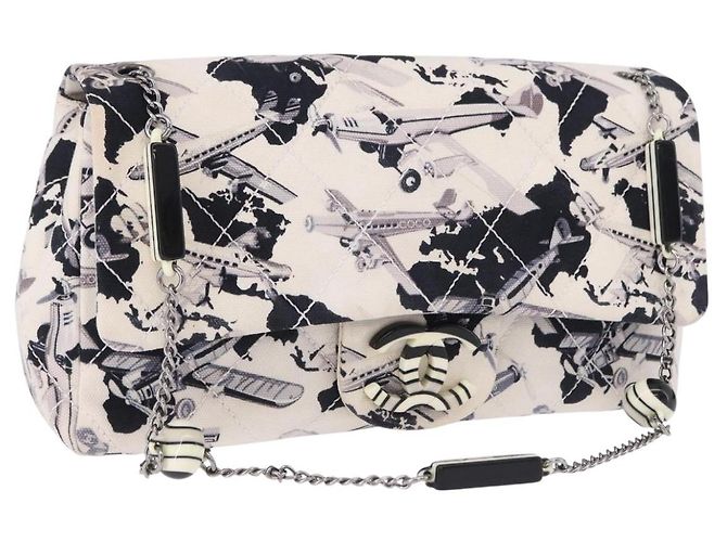 CHANEL Matelasse 25 Airline Shoulder Bag Canvas White Silver CC Auth 195026SAM Argento Bianco