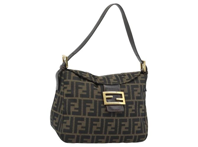 FENDI Zucca Canvas Mamma Baguette Borsa a Spalla Marrone Nero Auth 194939V