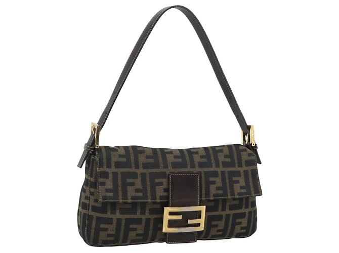 FENDI Zucca Canvas Mamma Baguette Borsa a Spalla Marrone Nero Auth 195009M