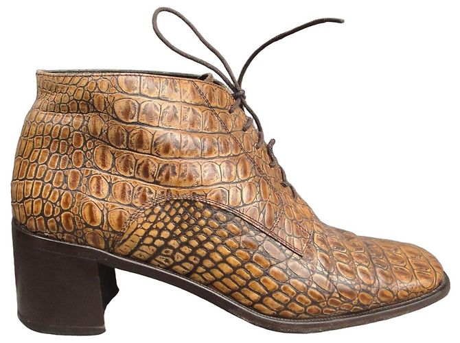 Bruno Magli Brown Croc-Effect Leather Ankle Boots