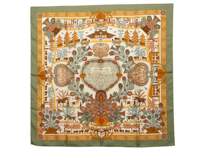Hermès Hermes Carre 90 Decoupages Paper Cutout Scarf Multicolore Verde Cachi
