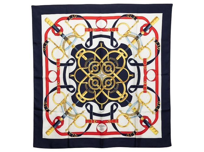 Hermès Pañuelo de Seda Hermes Carre 90 Eperon d’or Blanco Azul marino