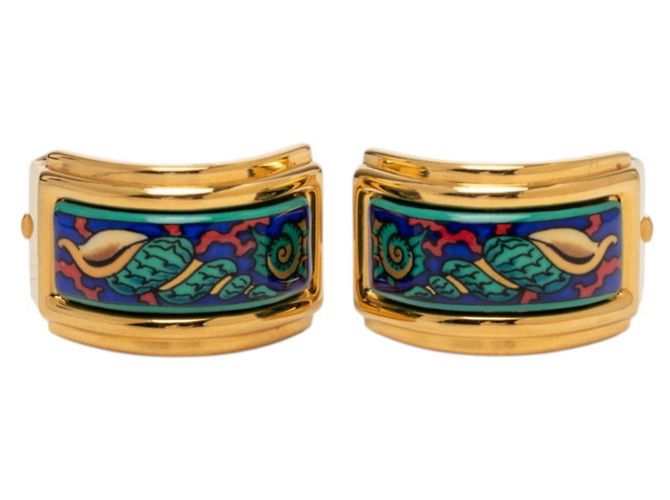 Hermès Hermes Gold Multicolor Enamel Cloisonné Clip Earrings Multiple colors Golden 