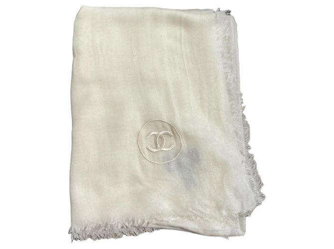 Chanel Scarf White Modal and Cashmere with CC Logo
