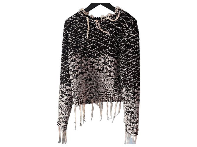 Saint Laurent 17 AW Distress-Pullover mit Fransen Schwarz Weiß