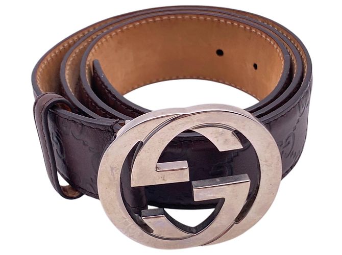 Gucci Brown Leather ssima Silver Interlocking Belt Size 95/38