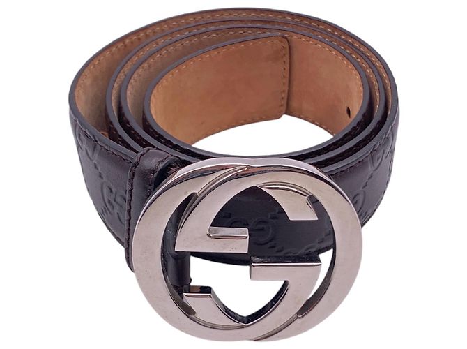 Gucci Brown Leather ssima Silver Interlocking Belt Size 90/36