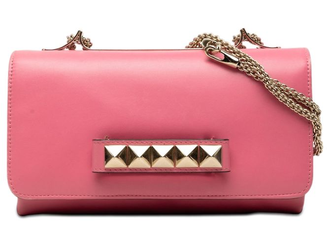 Clutch Rockstud Va Va Voom em couro rosa com corrente Valentino