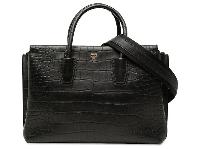 MCM Black Medium Crocodile Embossed Leather Milla Satchel