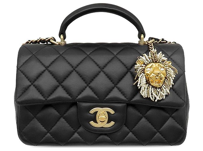 Chanel Black Mini Rectangular Classic Lambskin Lion Charm Top Handle Flap Nero
