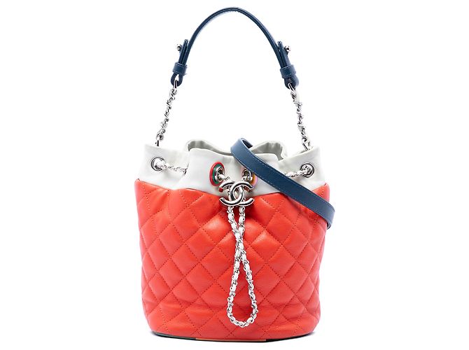 Chanel Bucket Bag Orange CC Multicolor gestepptes Lammleder Cuba Drawstring Rot