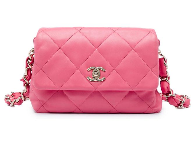 Chanel Pink Small Quilted Lambskin Logo Chain Strap Flap Rose