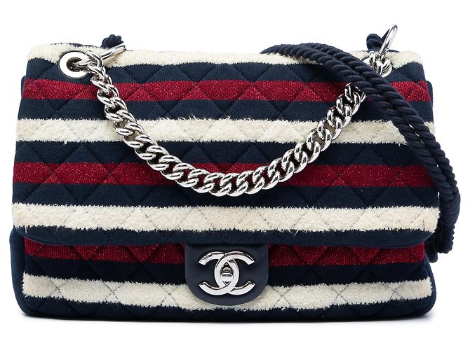 Chanel Blue Jumbo Stripe Jersey Felt e Corda Flap Azul Azul marinho