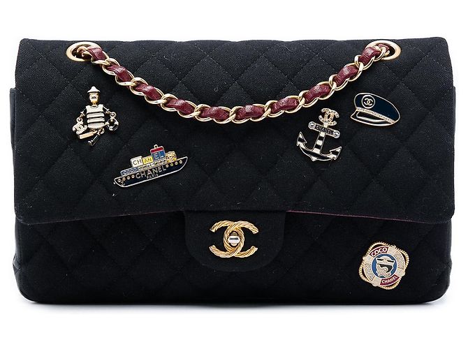 Chanel Black Paris Hamburg Medium Classic Jersey Coco Sailor Charms Double Flap Nero