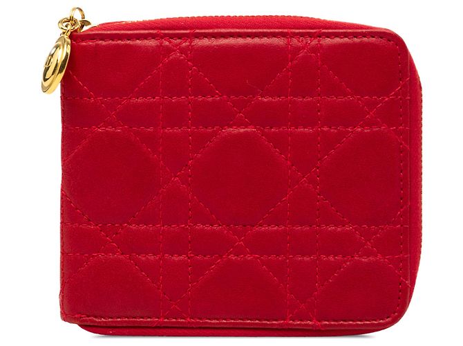 Dior Red Lambskin Cannage Lady Dior Zip Around Compact Wallet