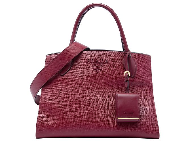 Prada Red Medium Saffiano Cuir Monochrome Top Handle Tote Rouge Bordeaux
