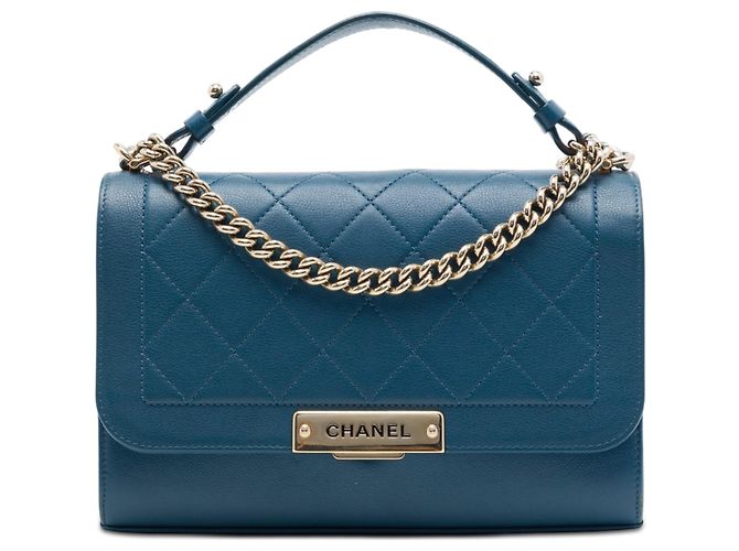 Chanel Blue Medium Quilted Grained Calfskin Label Click Top Handle Flap Azul