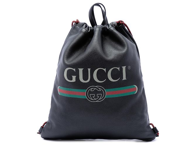 Gucci Black Grained Calfskin Web Logo Drawstring Backpack