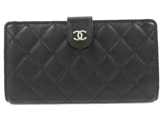 Cartera larga de piel de becerro granulada negra Chanel Negro